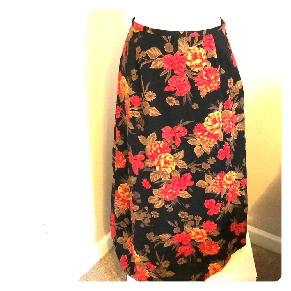 CHAUS Red on Black Floral Long Skirt
